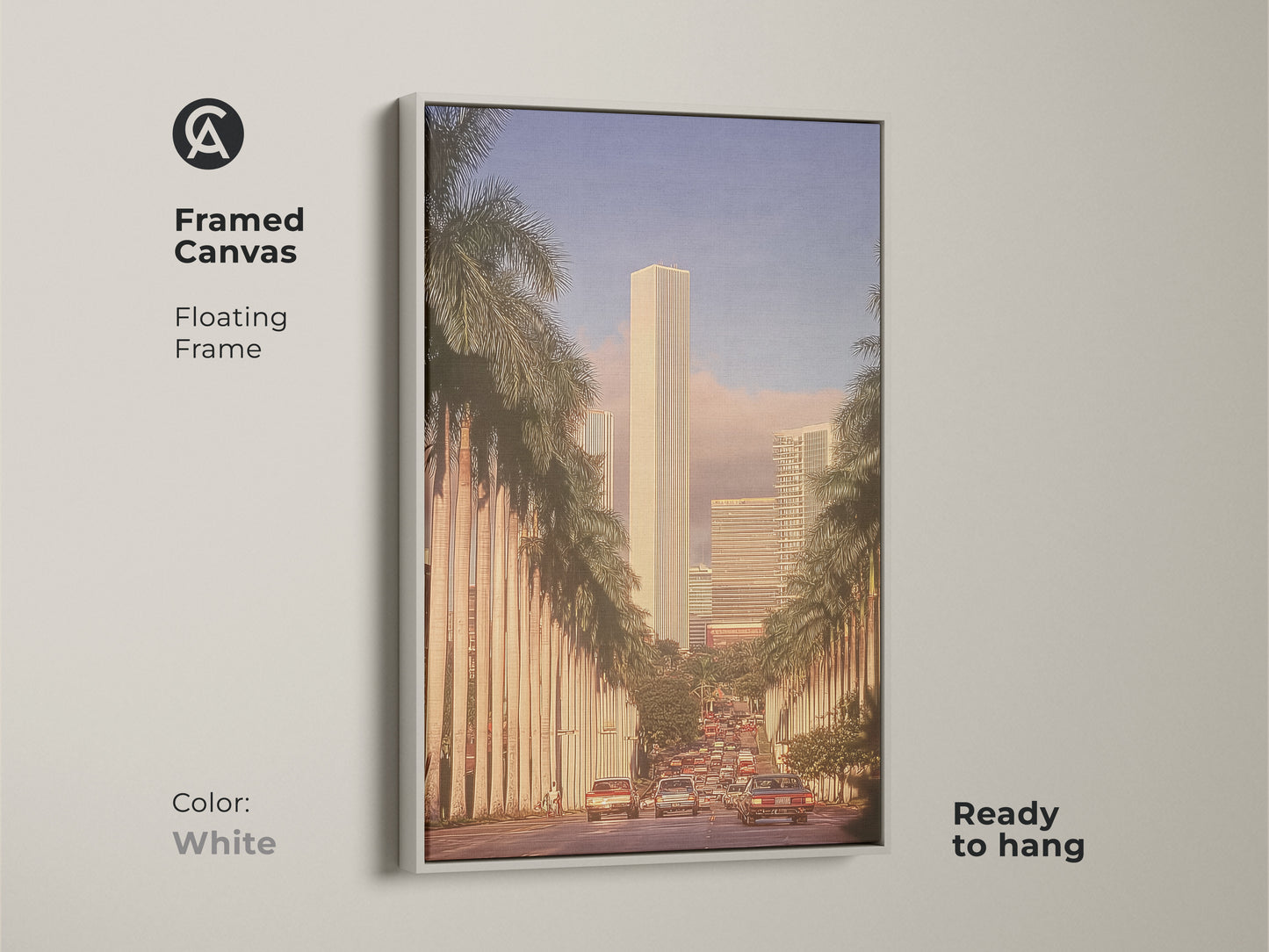 This framed canvas features a retro cityscape art print with skyscrapers and palm trees. The white floating frame enhances the mid-century modern artwork. Ready to hang this golden hour art adds a touch of urban sophistication. Perfect for any room or office.