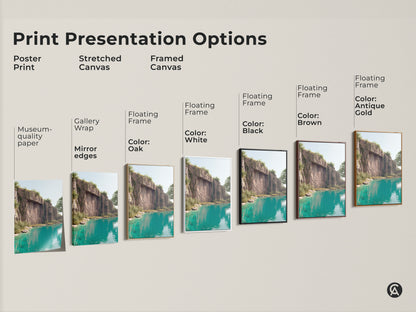 Explore print presentation options for the cliff face teal lake art. Choose from poster stretched and framed canvas. Floating frame colors include white black brown antique gold and oak. Museum-quality paper and gallery wrap options available. Find the perfect style for your nature scenery canvas art.