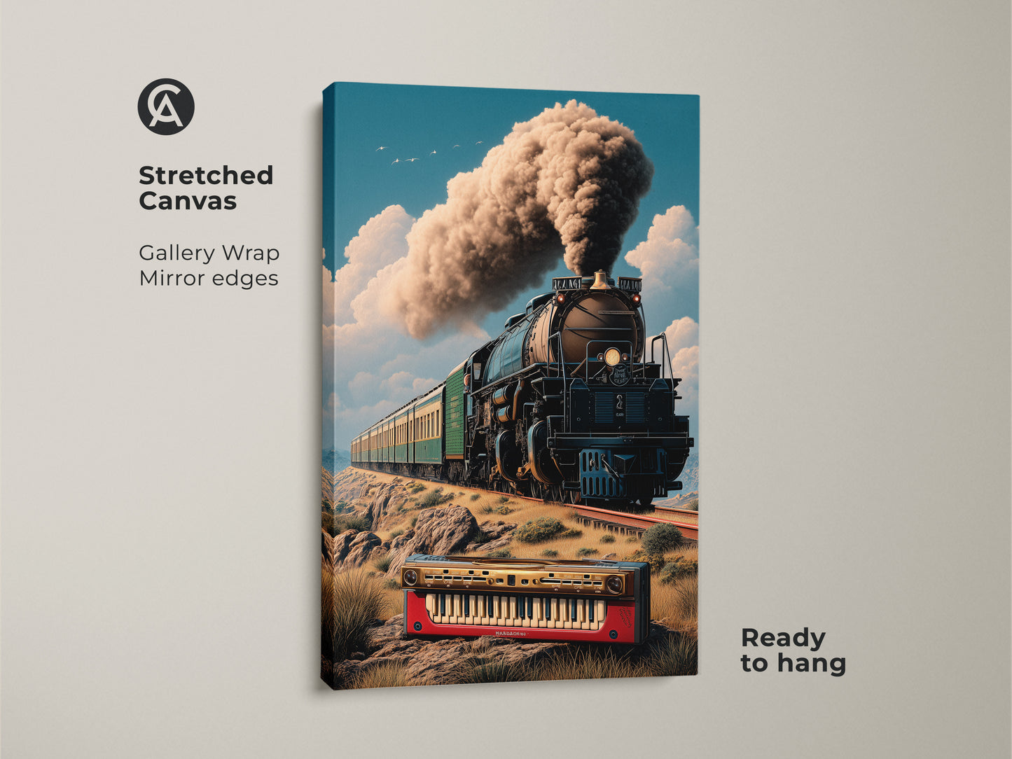 Stretched canvas print of a surreal steam train artwork. Retro locomotive with a keyboard blends transport music & eclectic styles. Gallery wrapped with mirror edges for a seamless look. Ready to hang. Ideal for study room office or home decor. Perfect gift for art lovers.