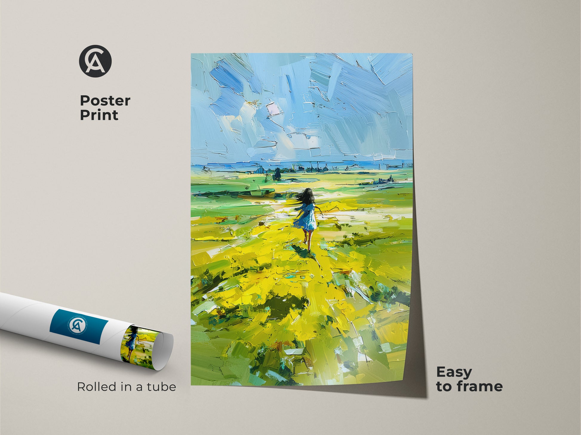 Poster Print of a Young Girl in a Yellow Field. This impressionist nature artwork comes rolled in a tube for easy framing. The blue sky meadow artwork brings a vibrant touch to any space. This countryside wall decor is a thoughtful birthday gift idea. Enjoy the colorful nature art.