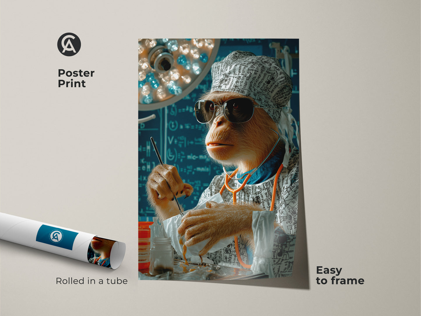 A rolled poster print displays surreal surgeon monkey art. Easy to frame. Perfect as medical humor wall art for a vet or doctor. This animal artwork blends humor with a surreal art style. It’s a quirky and unique piece for office decor. The poster features a brown monkey with blue and orange accents.