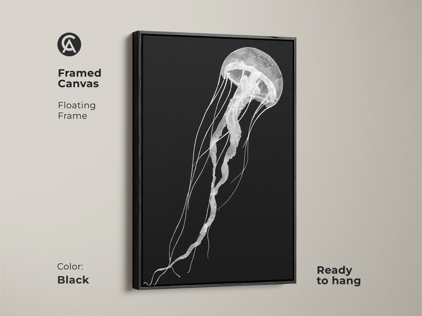 A framed canvas features minimalist jellyfish artwork with a floating black frame. This contemporary sea life decor is ready to hang. The black and white line art adds sophistication to any space.
