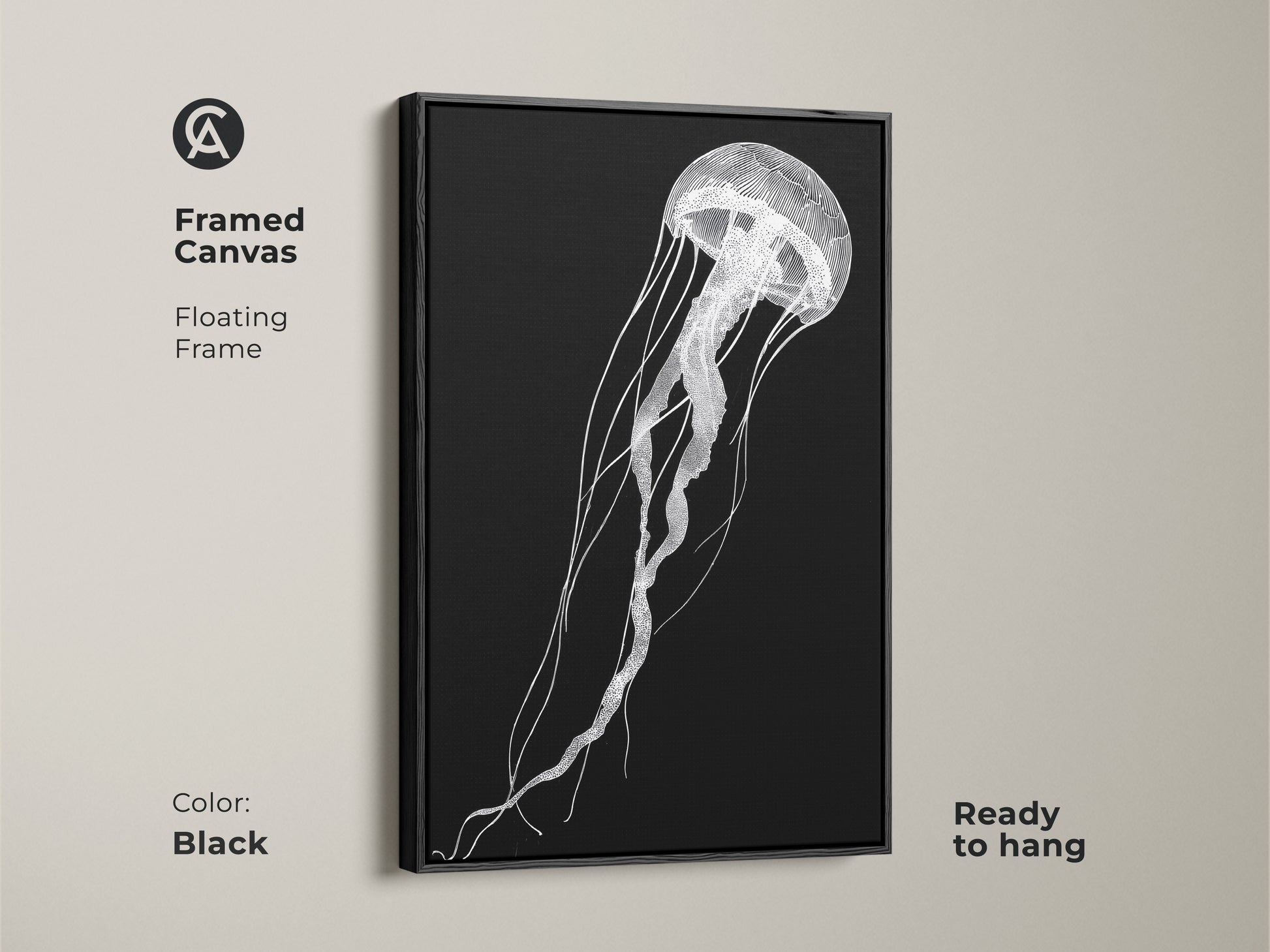 A framed canvas features minimalist jellyfish artwork with a floating black frame. This contemporary sea life decor is ready to hang. The black and white line art adds sophistication to any space.