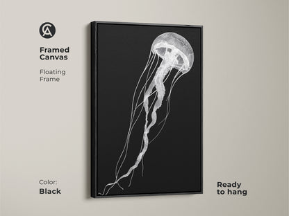 A framed canvas features minimalist jellyfish artwork with a floating black frame. This contemporary sea life decor is ready to hang. The black and white line art adds sophistication to any space.