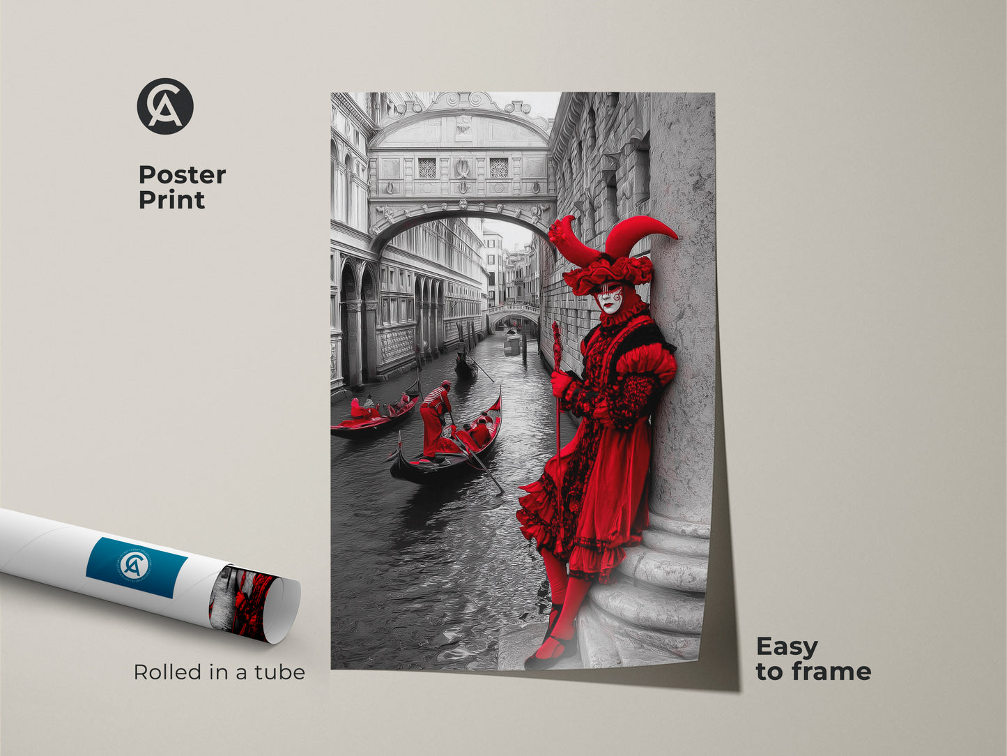 Poster print featuring a Venice Carnival masked figure in crimson red. This black and white Venice architecture poster showcases gondola wall art. The eclectic home decor art print is easy to frame. It is a great travel to Venice souvenir. Ideal as a Carnival Season gift.