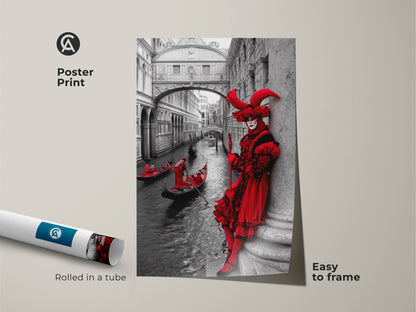 Poster print featuring a Venice Carnival masked figure in crimson red. This black and white Venice architecture poster showcases gondola wall art. The eclectic home decor art print is easy to frame. It is a great travel to Venice souvenir. Ideal as a Carnival Season gift.