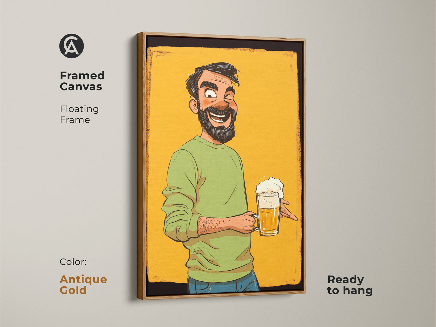 Framed Canvas showcases the beer mug cartoon man art in an antique gold floating frame. A humorous gift for him. It's eclectic wall art for a man cave or pub decor. The art is ready to hang.