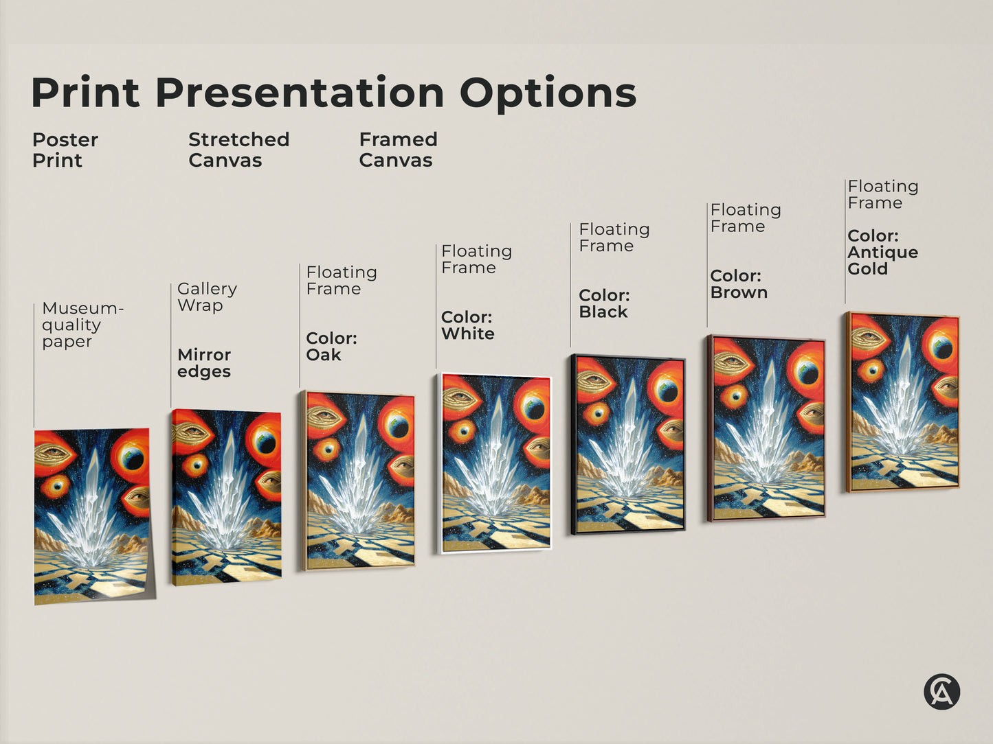 Explore presentation options for surreal crystal landscape art prints including posters stretched canvas and framed versions. Choose from various colors like black brown antique gold to match your decor. Perfect for lovers of cosmic space and abstract art.