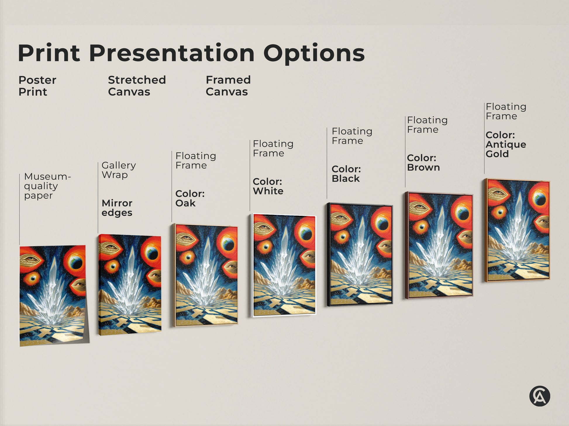Explore presentation options for surreal crystal landscape art prints including posters stretched canvas and framed versions. Choose from various colors like black brown antique gold to match your decor. Perfect for lovers of cosmic space and abstract art.