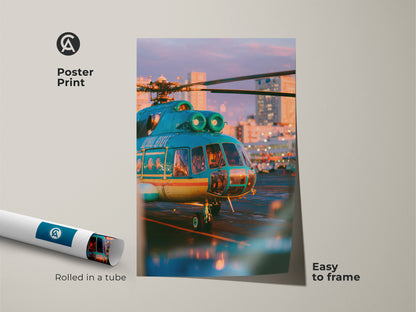 Elevate your space with this eye-catching poster print featuring a teal helicopter at sunset. The artwork is easy to frame and adds a pop of color to any decor. Rolled in a tube for protection this print is ready to inspire. Get your aviation art today and transform your walls.