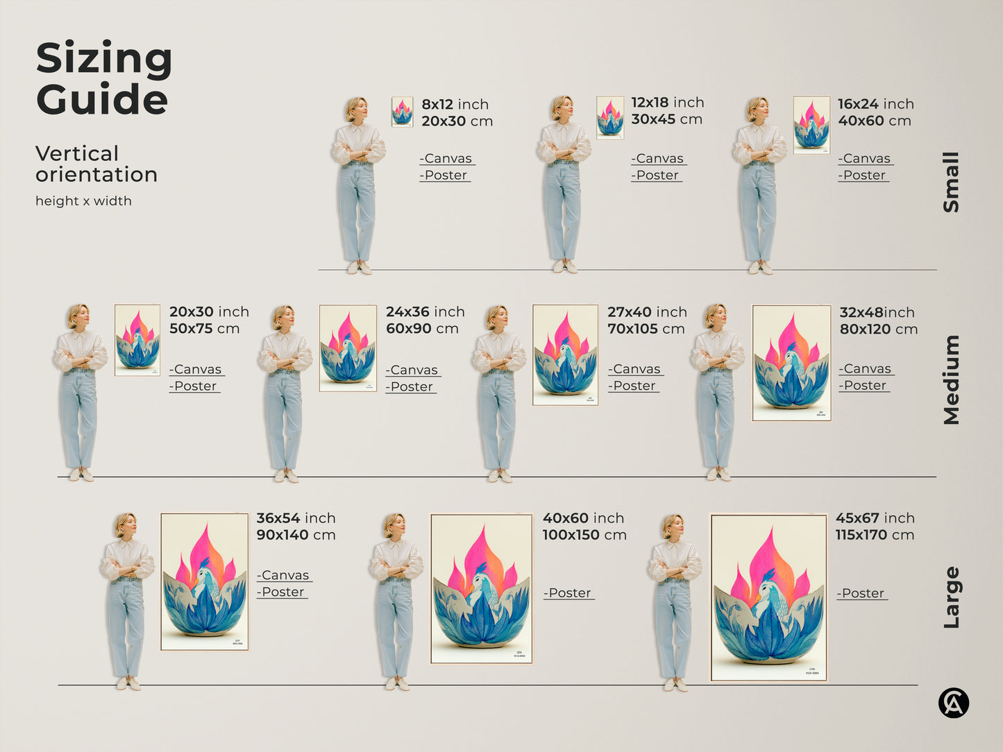 Sizing Guide for Art Nouveau Phoenix Print. This bird and lotus floral artwork fits various spaces. Choose from small medium or large canvas or poster sizes. Visualize how this teal blue bird artwork enhances your home decor. Get the perfect art size.
