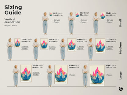 Sizing Guide for Art Nouveau Phoenix Print. This bird and lotus floral artwork fits various spaces. Choose from small medium or large canvas or poster sizes. Visualize how this teal blue bird artwork enhances your home decor. Get the perfect art size.