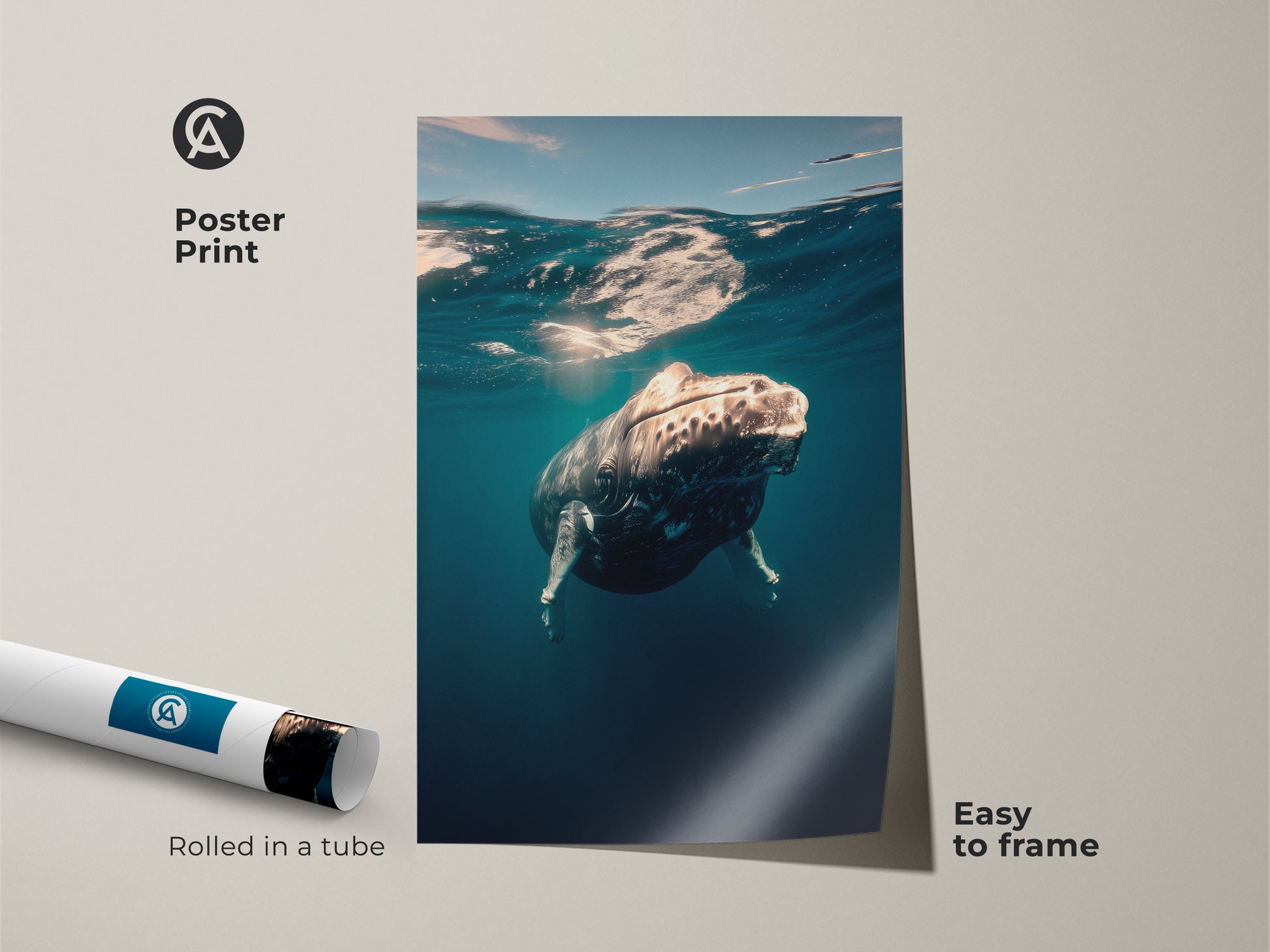 This is a coastal ocean whale art print poster. The underwater humpback photography shows deep blue marine life. This aquatic wildlife print is easy to frame. Rolled in a tube for protection. Perfect as a housewarming gift ocean.