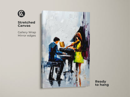 Stretched Canvas of impressionist piano art with a violinist. Blue green music art gallery wrap features contemporary figures. It's ready to hang. A perfect gift for music lovers seeking modern musical artwork. The performance art canvas presents abstract musical painting.