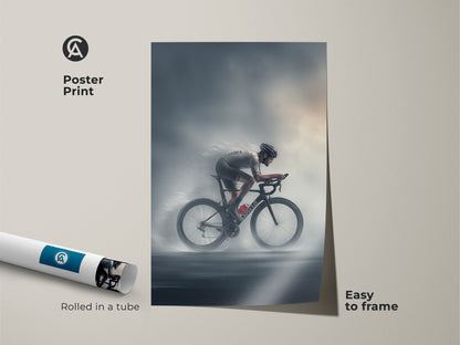 Poster print of a road cyclist artwork rolled in a tube for easy framing. The charcoal and silver palette adds a modern touch to this sports artwork. Perfect for a gym wall decor print or a cycling race poster. An ideal gift for a cycling enthusiast or addition to a modern man cave.