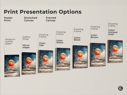 Explore various print presentation options for textured abstract moon art. Choose from poster print stretched canvas or framed canvas. Museum quality paper gallery wrap and floating frames available. Elevate your space with celestial landscape art today. Perfect as a gift for stargazers