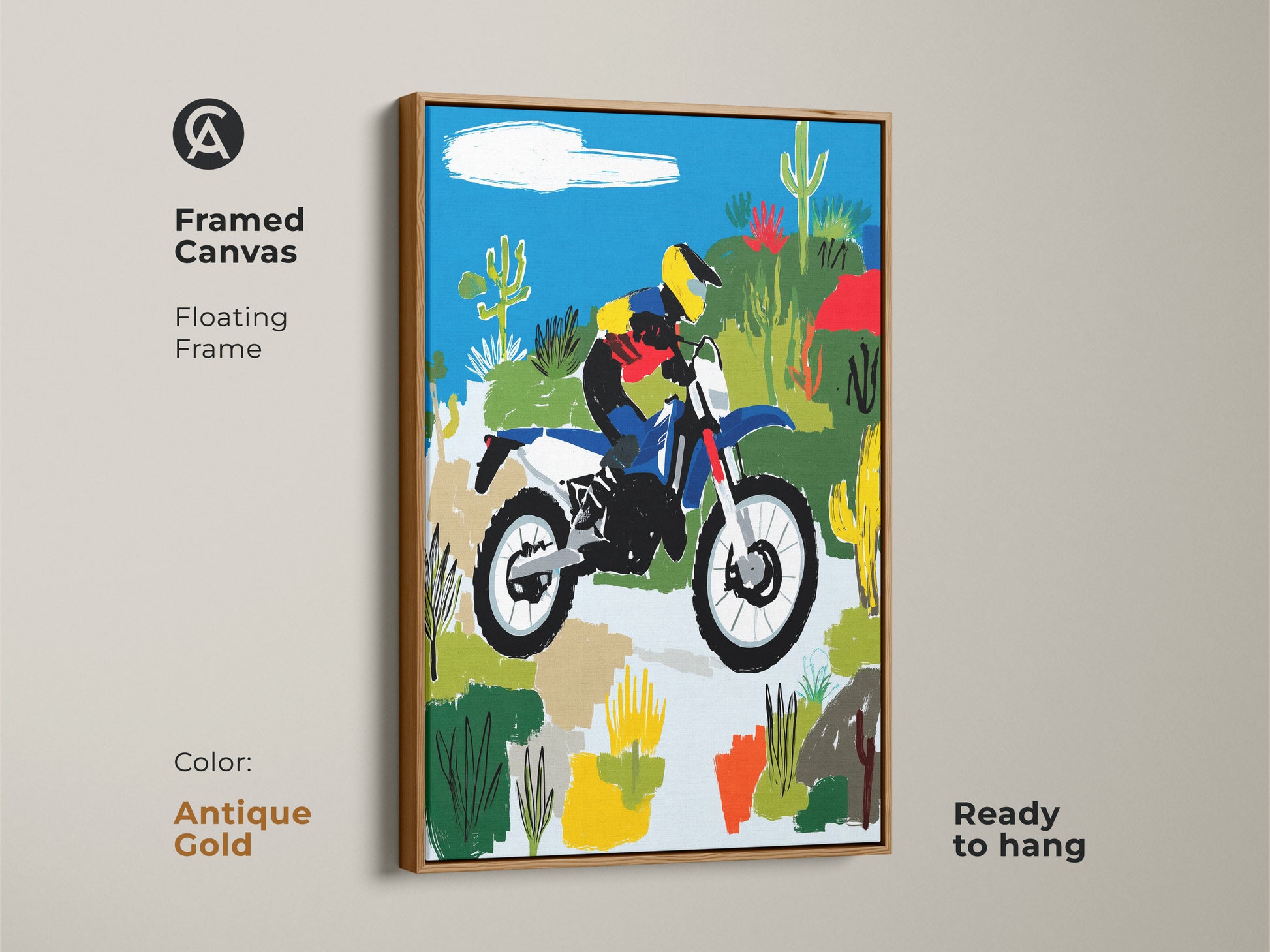 Framed desert motocross art with an antique gold floating frame. This ready-to-hang canvas displays a vibrant rider scene. Blue yellow and green tones create an adventurous mood. This unique motocross gift is ideal for a man cave or garage wall decor.