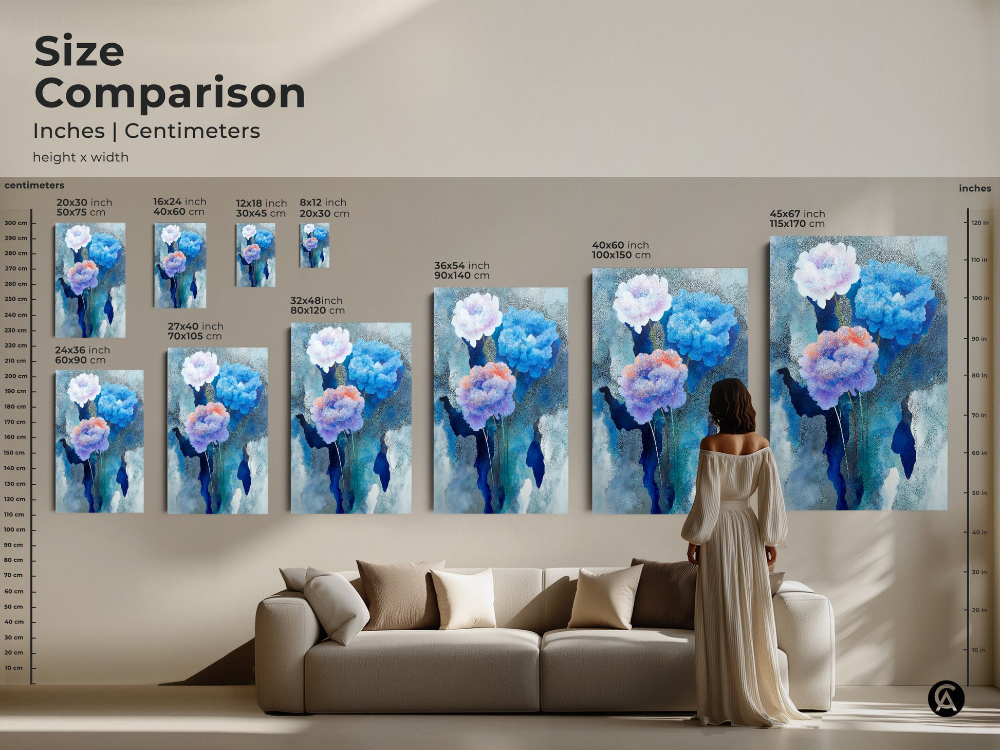 Housewarming gift for her: calming nature artwork. Teal hydrangea art print features an abstract floral motif. The blue botanical canvas enhances any living space.