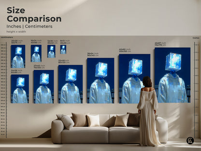 Size comparison of modern art prints featuring a figure with a blue cube head. See how different sizes look above a sofa. Options range from small to large canvas and poster prints. Visualize the perfect size for your room.