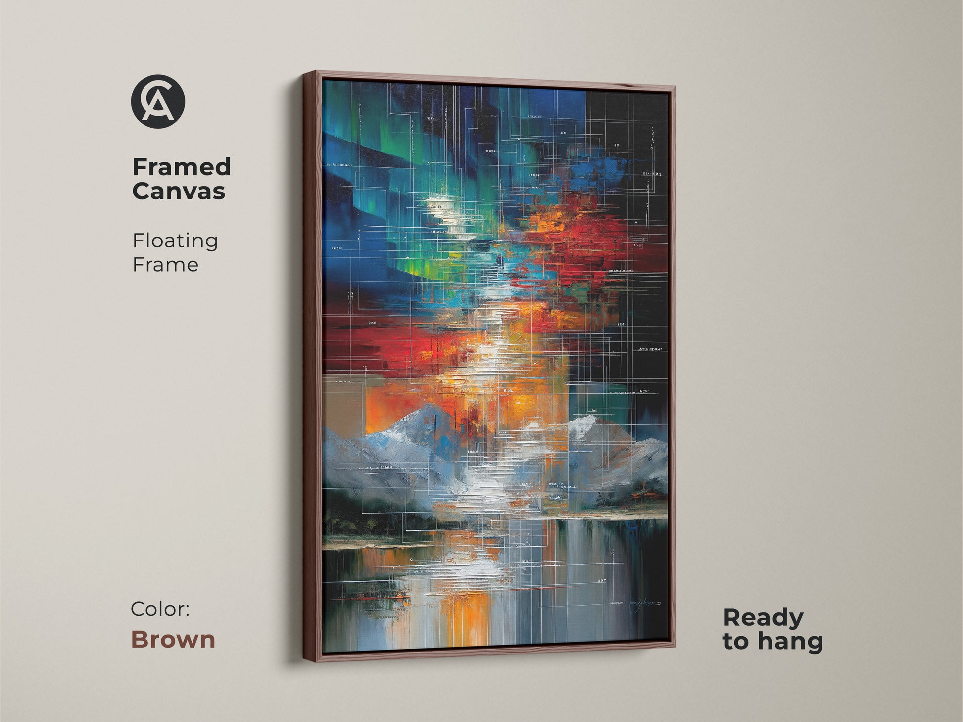 This is a framed canvas showcasing an abstract geometric landscape. The artwork displays a mountain lake scene in a rich red green and blue palette. This contemporary piece has a floating brown frame and comes ready to hang. Ideal for adding a sophisticated touch to your living room or office space.