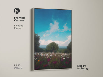 Framed canvas art in a floating frame of a wildflower field. Impressionistic mountain landscape art with a bright blue sky. This boho wall decor complements any interior. The scenic print is ready to hang in a white frame.