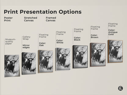 Print presentation options include poster prints stretched canvas and framed canvas. Each features a monochrome bull charcoal sketch longhorn. Various frame colors are available to suit any decor style.