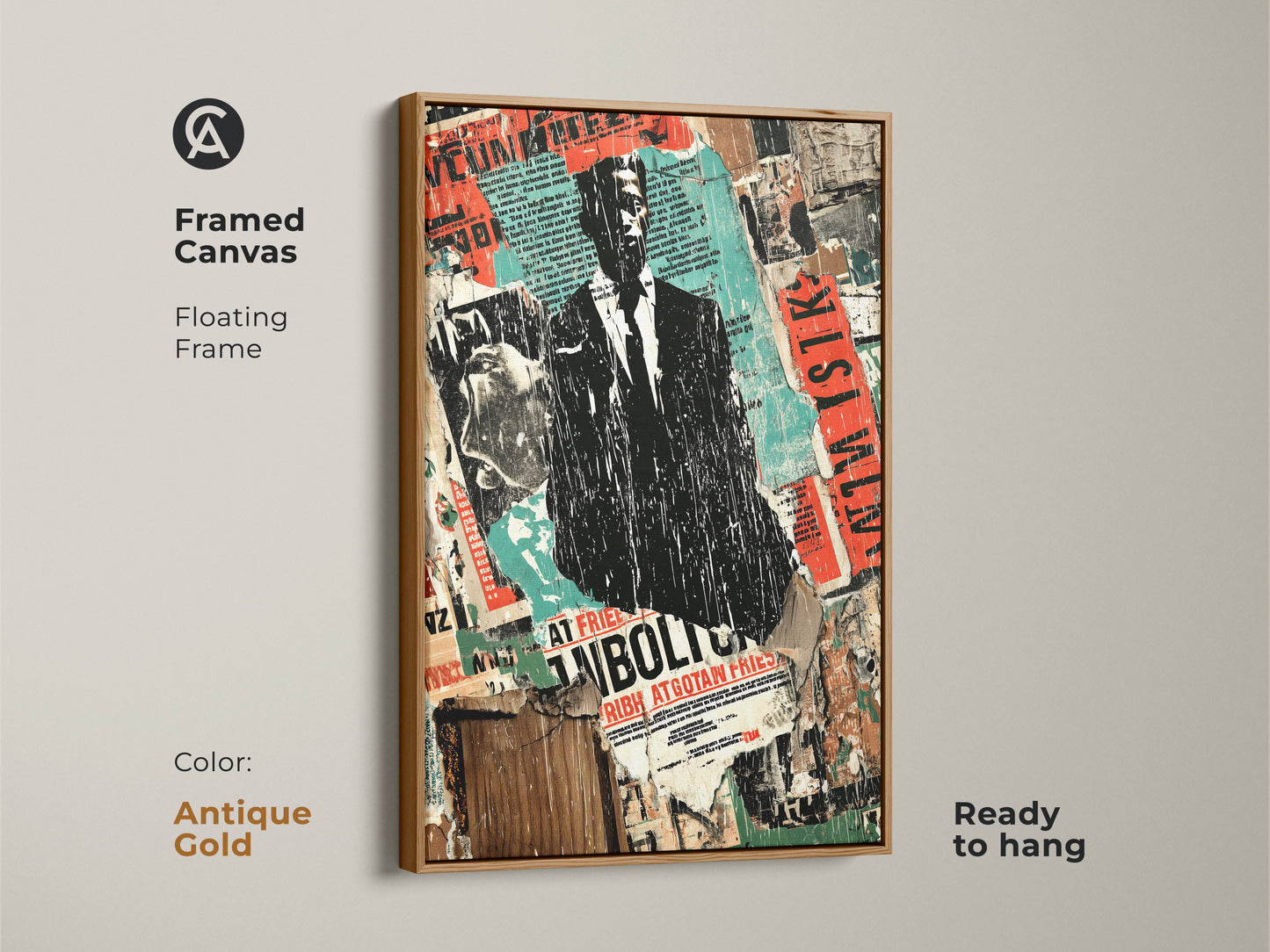 An antique gold framed canvas showcasing the Man in Suit collage art. This urban street art print features torn posters. The industrial office wall decor art blends black red and teal. A gritty modern art piece that's ready to hang.