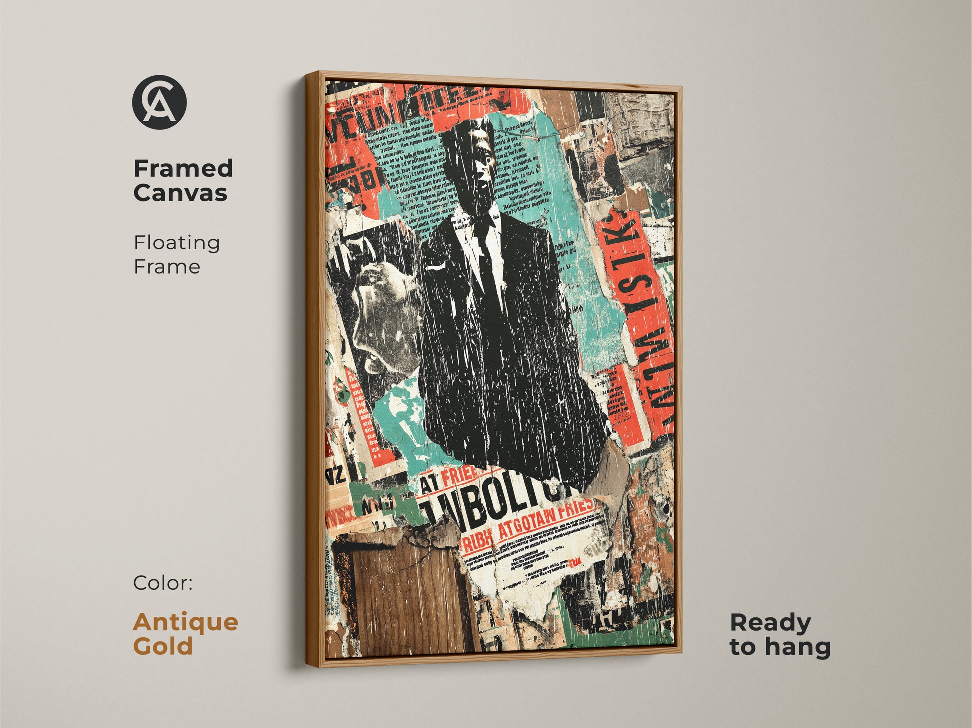 An antique gold framed canvas showcasing the Man in Suit collage art. This urban street art print features torn posters. The industrial office wall decor art blends black red and teal. A gritty modern art piece that's ready to hang.