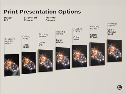 Explore solar system art presentation options. Choose from poster prints stretched canvas and framed canvas. Select floating frames in oak white black brown and antique gold. Each option beautifully displays the cosmic artwork. Find the perfect style for your home decor.