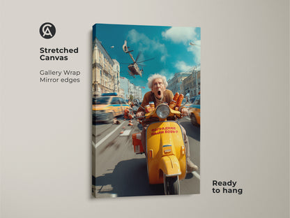 A stretched canvas shows a surreal elderly woman on a scooter. The gallery wrap has mirror edges to enhance the artwork. This blue and yellow cityscape art print is ready to hang and adds a quirky element to your home.