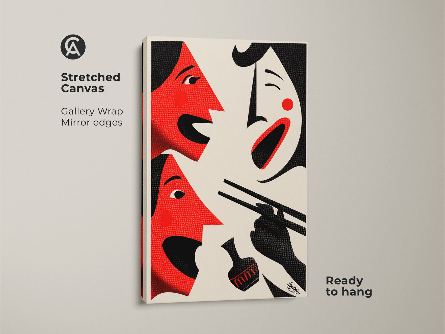 Stretched canvas featuring red abstract face art. This modern figurative wall art has gallery wrap mirror edges. It's ready to hang and showcases an cream black dining room decor. The eclectic cultural artwork makes a thoughtful foodie housewarming gift. Enjoy this contemporary abstract canvas today.