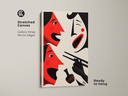 Stretched canvas featuring red abstract face art. This modern figurative wall art has gallery wrap mirror edges. It's ready to hang and showcases an cream black dining room decor. The eclectic cultural artwork makes a thoughtful foodie housewarming gift. Enjoy this contemporary abstract canvas today.