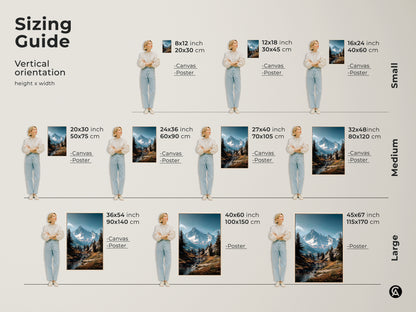 Sizing guide for vertical mountain art prints. See how canvas and poster prints look in various sizes. From small 8x12 to large 45x67 inch options. Visualize the perfect fit for your space. Select the right size of mountain art.
