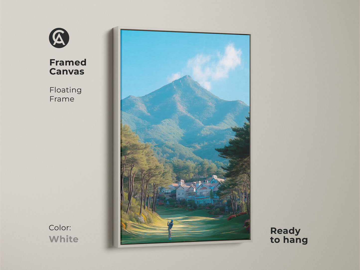 Framed canvas artwork of a scenic golf course with a mountain view. The white floating frame offers a clean modern look. A golfer is shown preparing for their shot. This ready to hang piece brightens any space.