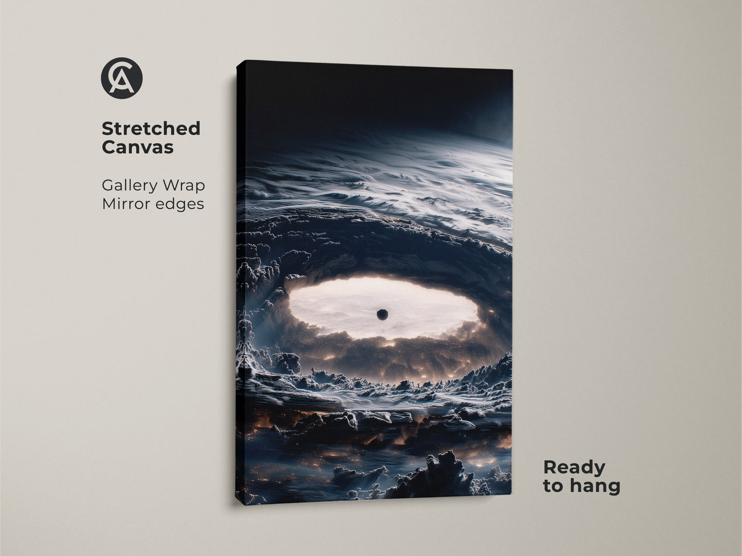 Stretched canvas featuring abstract space art. The deep navy nebula print is a sci-fi cosmos artwork ready to hang. Ideal for modern office decor and a unique gift for stargazers. Gallery wrapped with mirrored edges.