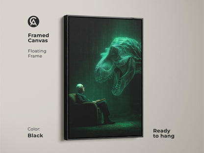 Framed canvas showcases an elderly man reading a book. Above him a glowing green T-Rex hovers in a matrix style. The canvas has a sleek black floating frame. This ready-to-hang wall art adds a modern and intellectual touch to your living space.