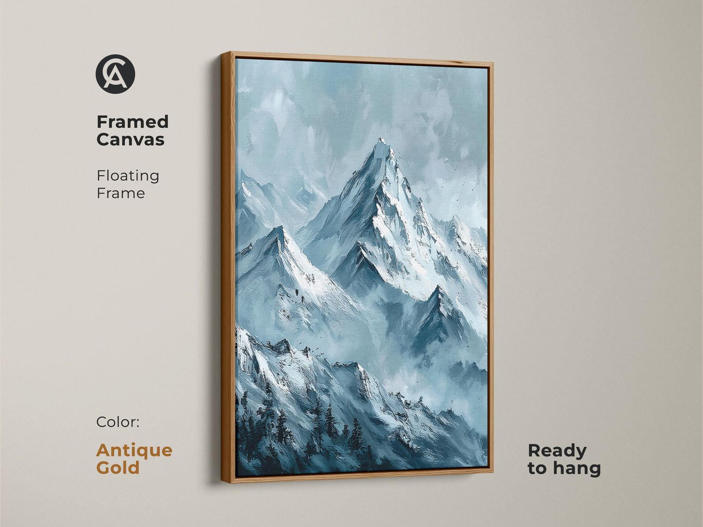 Antique gold framed canvas art depicting a snowy mountain range. The floating frame enhances the artwork's appeal. Add a touch of sophistication to your wall decor with this ready-to-hang art.