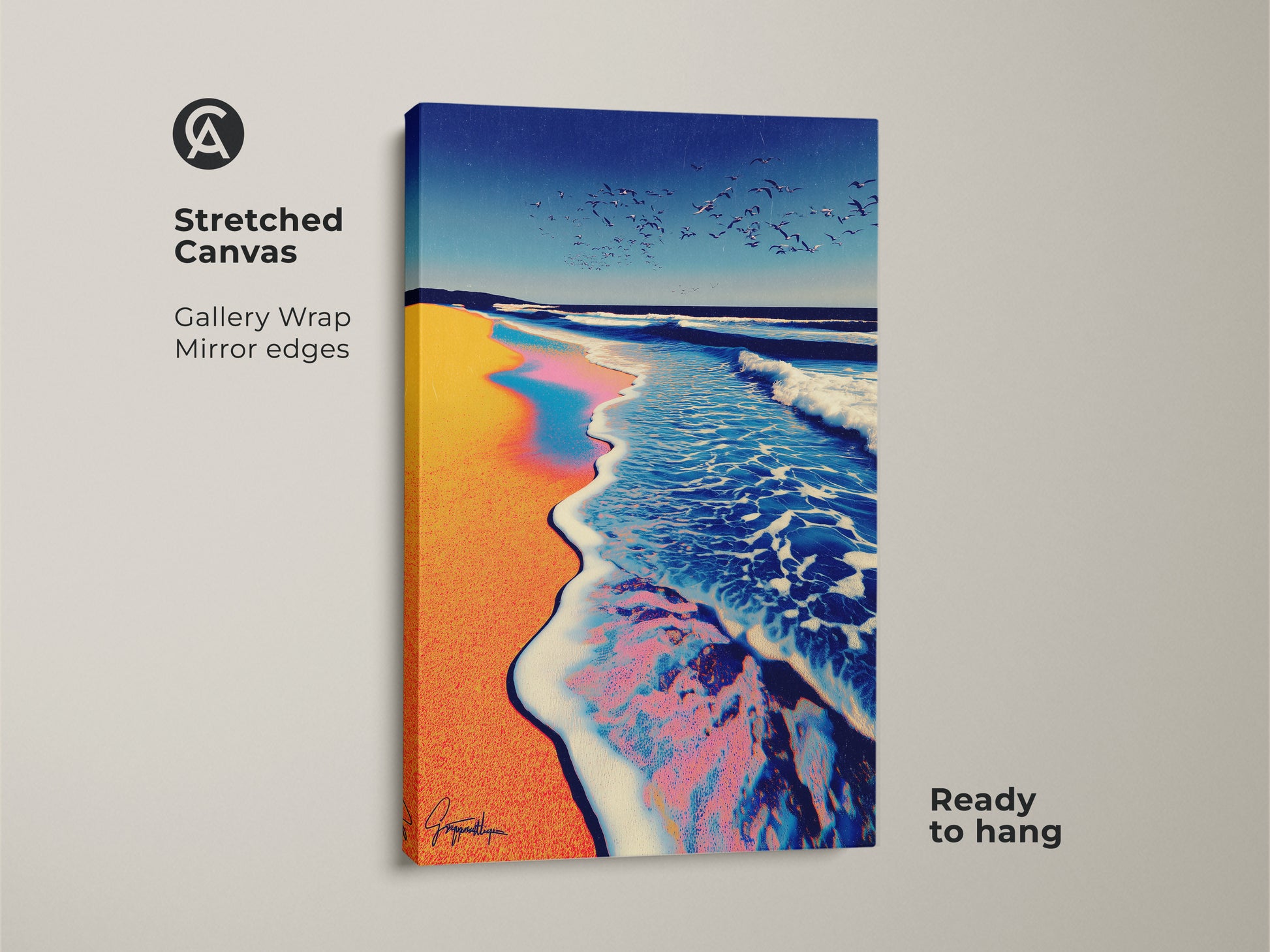 Stretched canvas art print of an abstract ocean wave at sunset. Gallery wrapped with mirrored edges and is ready to hang. This modern coastal seascape print features teal blue and orange hues. Perfect for adding a touch of beach-inspired style to any space