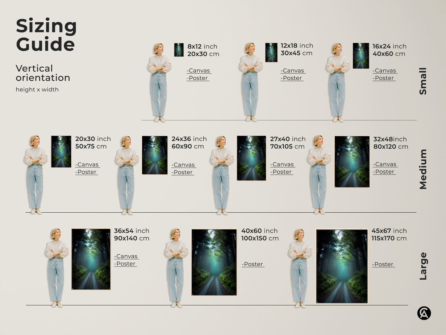 Sizing guide for vertical misty forest road art. Available as canvas or poster in sizes from small to large. This dark green teal nature landscape artwork fits any space. Enhance your home with rustic woodland trees wall decor. Find the perfect housewarming gift for nature enthusiasts