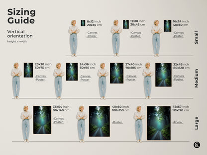 Sizing guide for vertical misty forest road art. Available as canvas or poster in sizes from small to large. This dark green teal nature landscape artwork fits any space. Enhance your home with rustic woodland trees wall decor. Find the perfect housewarming gift for nature enthusiasts