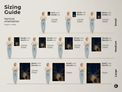 Sizing guide showing various sizes of the fantasy library art print with models. Visualize how this surreal bookshelf wall decor fits in different spaces. Available as canvas or poster prints. Ideal for study office or living room wall decor.