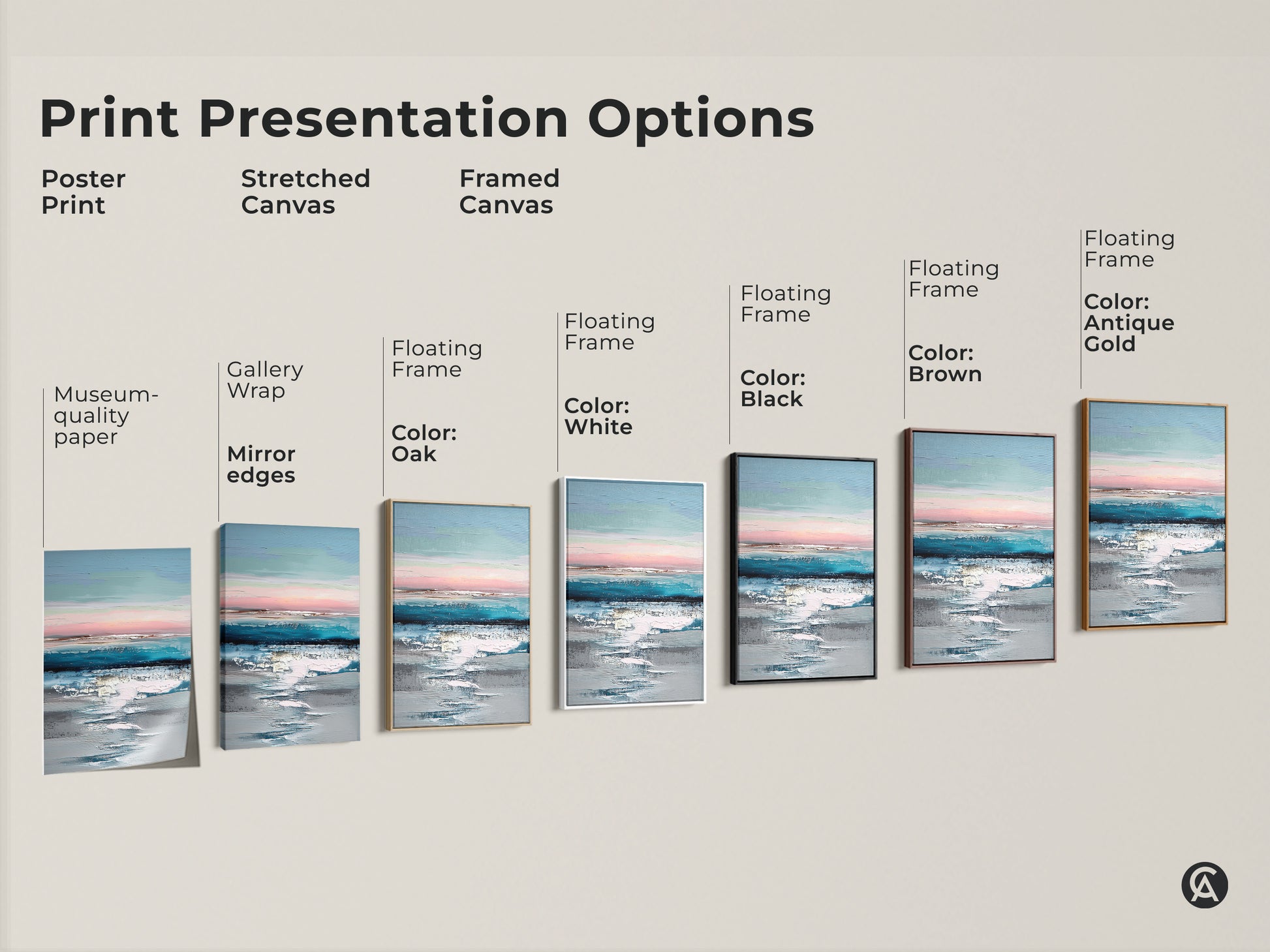 Print presentation options showcasing abstract coastal art. Choose from poster prints stretched canvas or framed canvas. Options include museum-quality paper gallery wrap and floating frames in various colors. Perfect for coastal modern home decor.