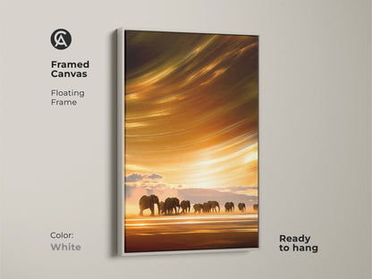 Framed canvas art showcases elephants on a savanna at sunset with a white floating frame. This abstract impressionistic art is a boho wildlife landscape. The serene orange and yellow hues make a great wall decor gift.