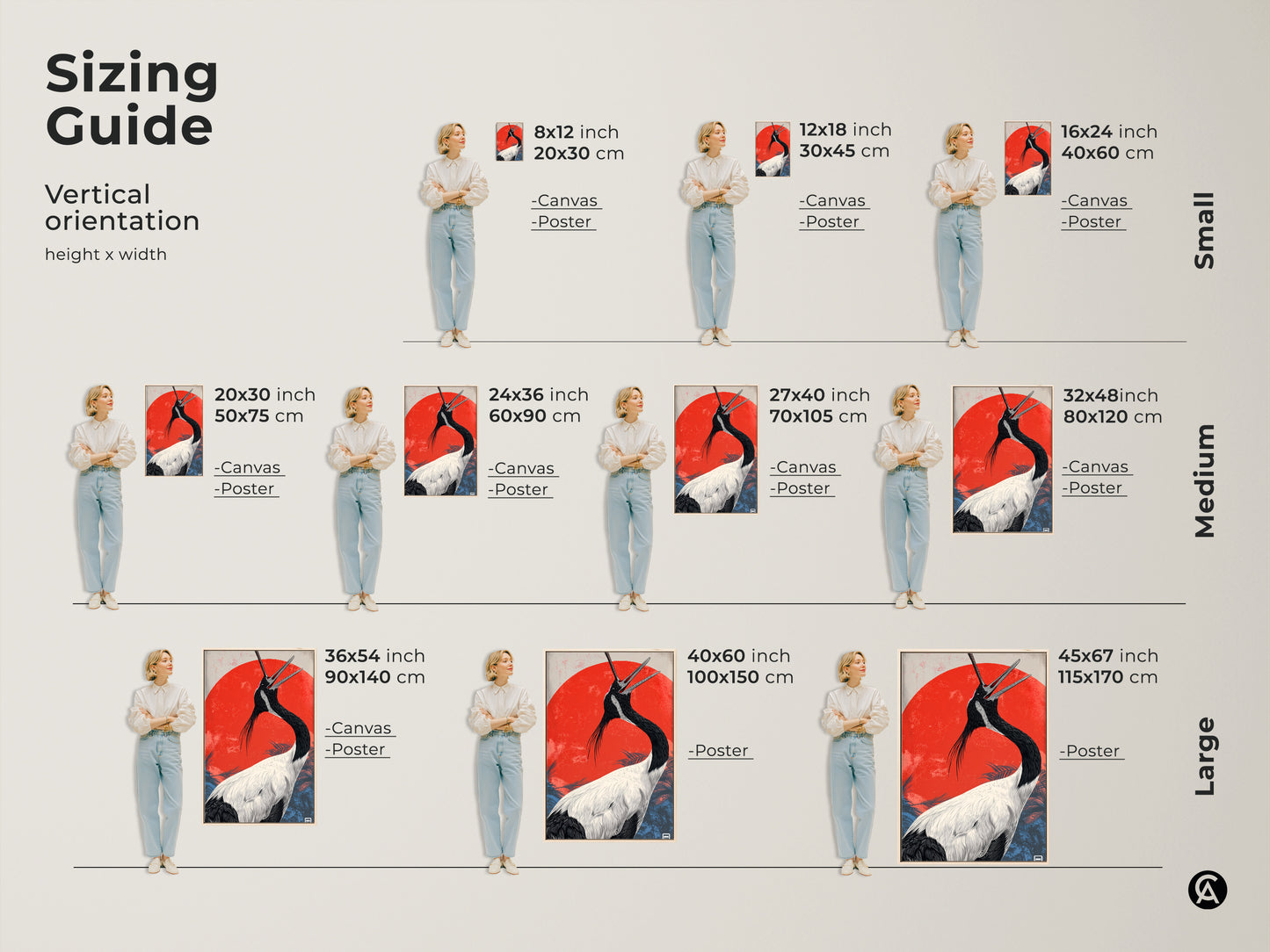 Sizing guide for vertical Japanese crane art. Visualize canvas and poster art sizes. Options range from small to large. This Asian wildlife artwork fits perfectly in any space. This eclectic decor item is the ideal bird lover gift. Explore various sizes for your wall.