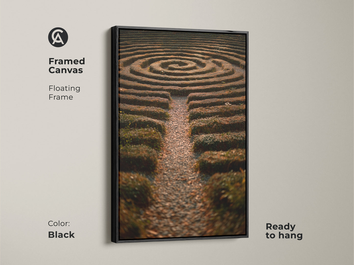 Framed canvas of a hedge maze photo features a floating frame. The artwork is ready to hang. This nature photography art print captures a beautiful garden labyrinth. Perfect for boho home decor in green yellow and brown tones it makes thoughtful entryway art or a unique housewarming gift.