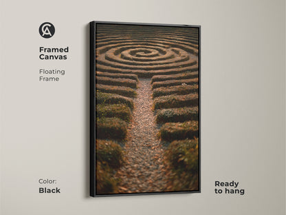 Framed canvas of a hedge maze photo features a floating frame. The artwork is ready to hang. This nature photography art print captures a beautiful garden labyrinth. Perfect for boho home decor in green yellow and brown tones it makes thoughtful entryway art or a unique housewarming gift.