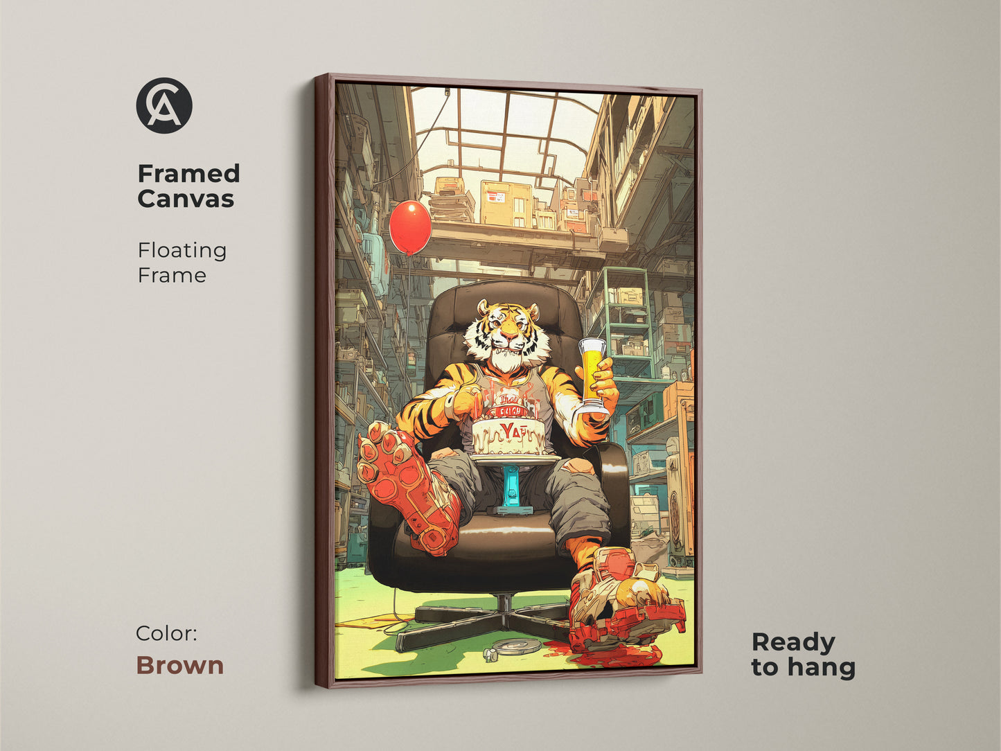 Framed canvas with a floating brown frame features a surreal pop art tiger. The eclectic orange red yellow animal artwork is ready to hang. This piece is ideal for office decor or as a birthday gift. It's a unique animal print for any quirky space.