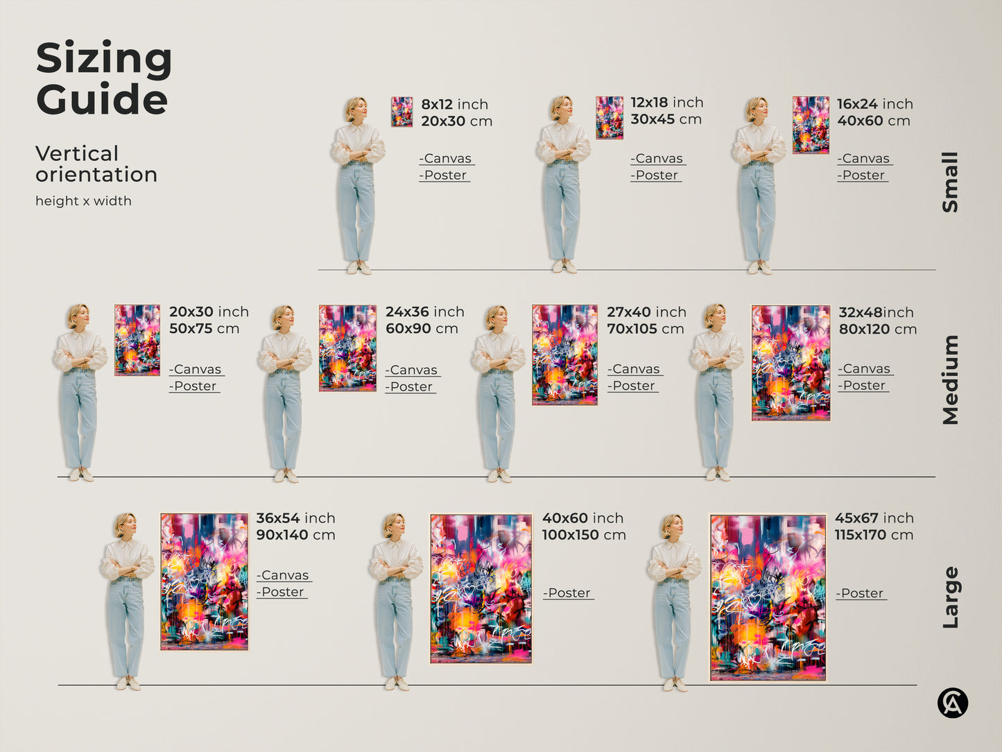 Sizing guide for vertical graffiti-style artwork. Available in small medium and large sizes. Select from canvas or poster prints to fit your space. Find the perfect dimensions to showcase this vibrant art piece in your home.