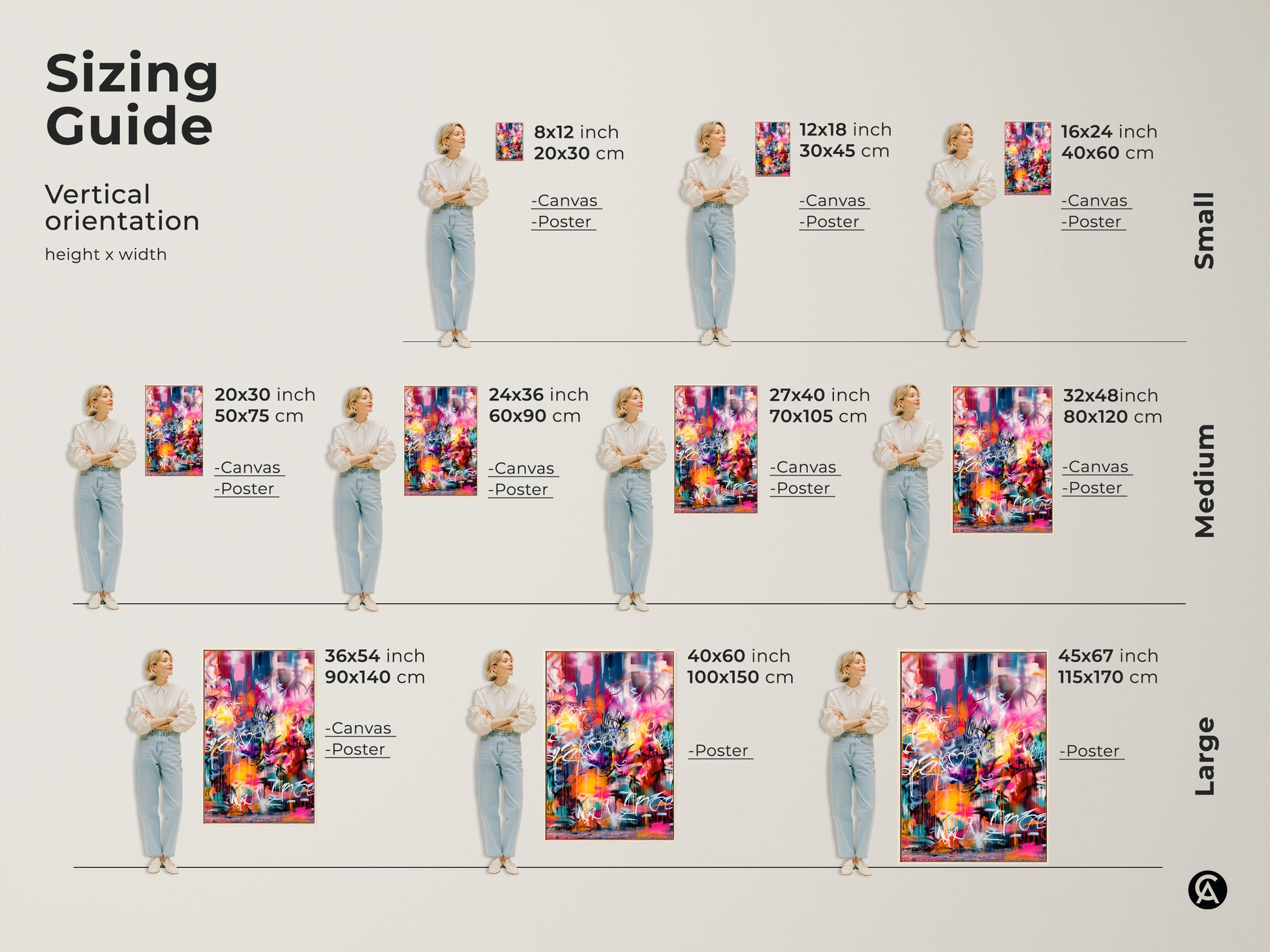 Sizing guide for vertical graffiti-style artwork. Available in small medium and large sizes. Select from canvas or poster prints to fit your space. Find the perfect dimensions to showcase this vibrant art piece in your home.