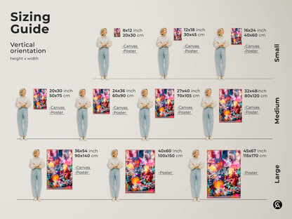 Sizing guide for vertical graffiti-style artwork. Available in small medium and large sizes. Select from canvas or poster prints to fit your space. Find the perfect dimensions to showcase this vibrant art piece in your home.